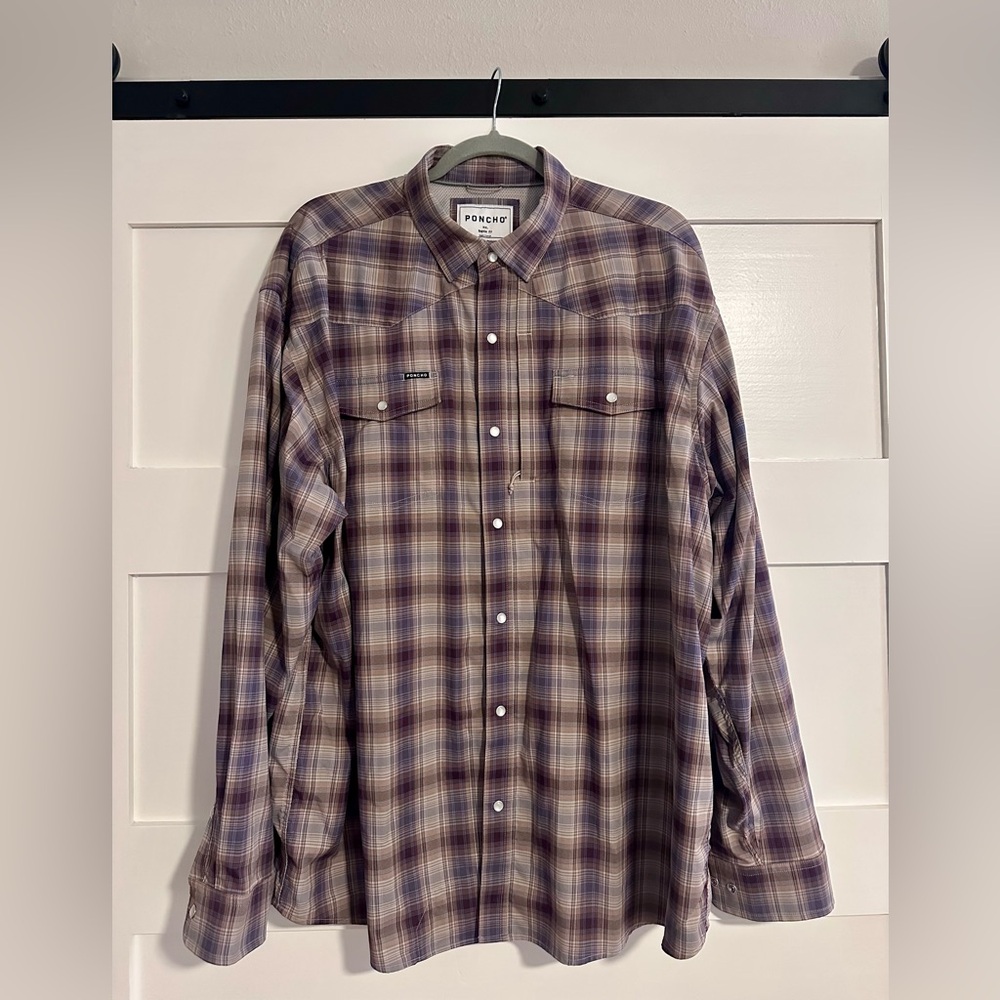 PONCHO Men's brown and blue Plaid Long-Sleeve pearl snap Shirt